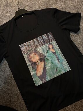 Rihanna Black Graphic Tee with Green Accent Print